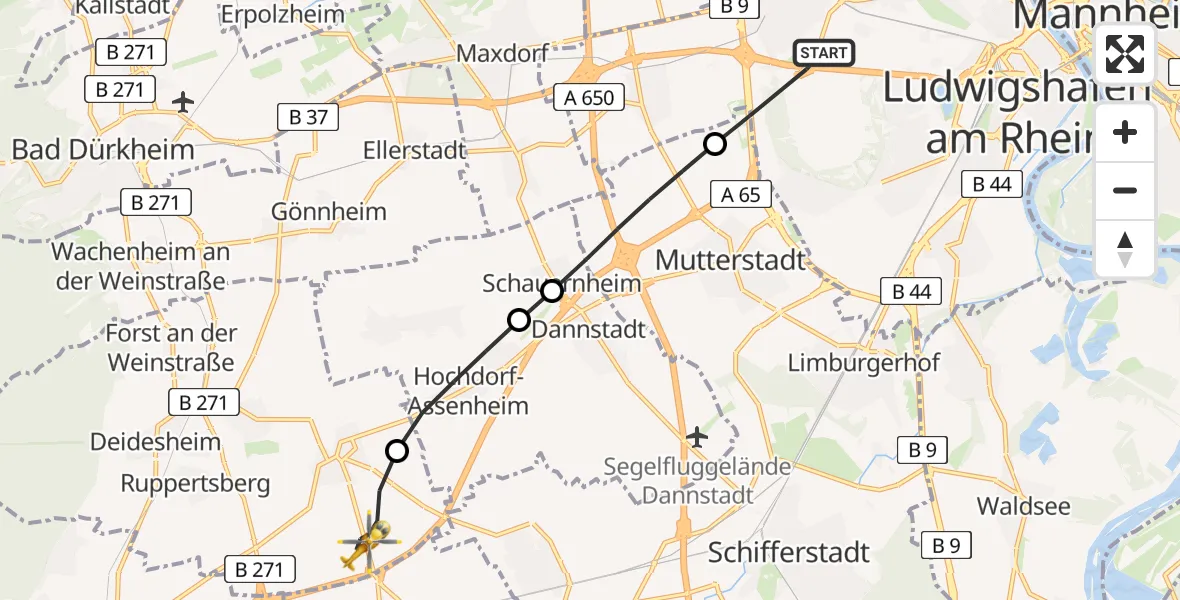 Flugroute Rettungshubschrauber Ludwigshafen am Rhein - Meckenheim, 04 August 2026, 18:03