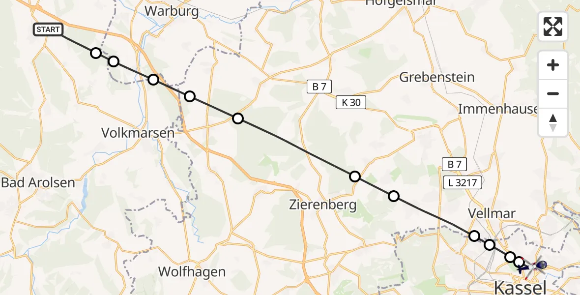Flugroute Polizeihubschrauber Diemelstadt - Kassel, 04 August 2026, 18:11