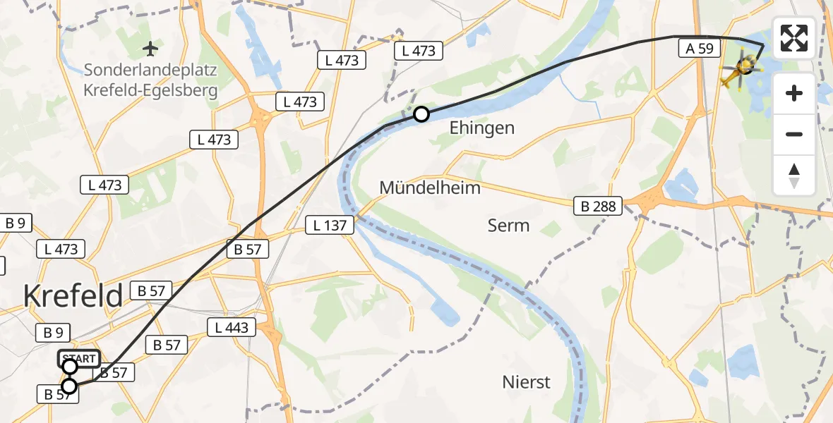 Flugroute Rettungshubschrauber Helios Clinic Krefeld - Duisburg Air Rescue Hubschrauberlandeplatz (Christoph 9), 04 August 2026, 18:11