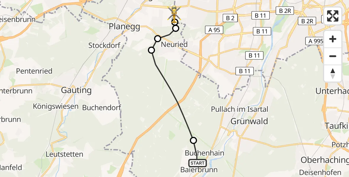 Flugroute Rettungshubschrauber Baierbrunn - DRF Air Rescue München Hubschrauberlandeplatz, 04 August 2026, 18:21