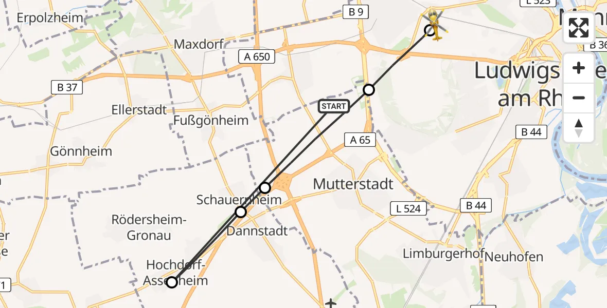Flugroute Rettungshubschrauber Mutterstadt - Ludwigshafen Accident Hospital, 04 August 2026, 18:46