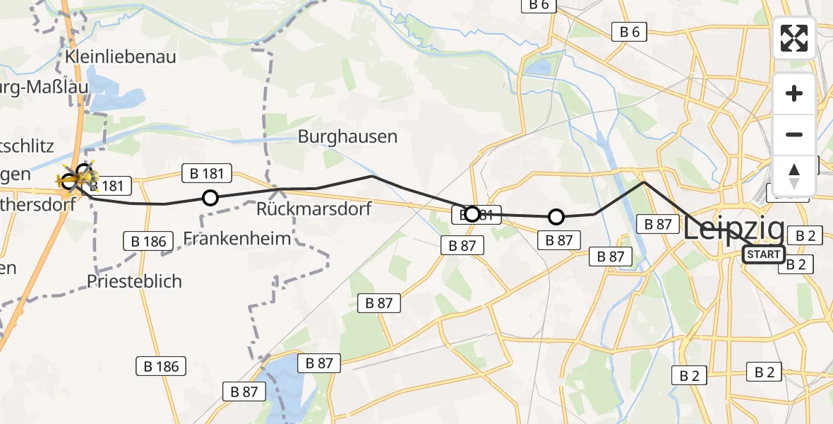 Flugroute Rettungshubschrauber Leipzig - ADAC Air Rescue Station Leipzig/Schkeuditz-Dölzig Hubschrauberlandeplatz (Christoph 61), 04 August 2026, 18:50