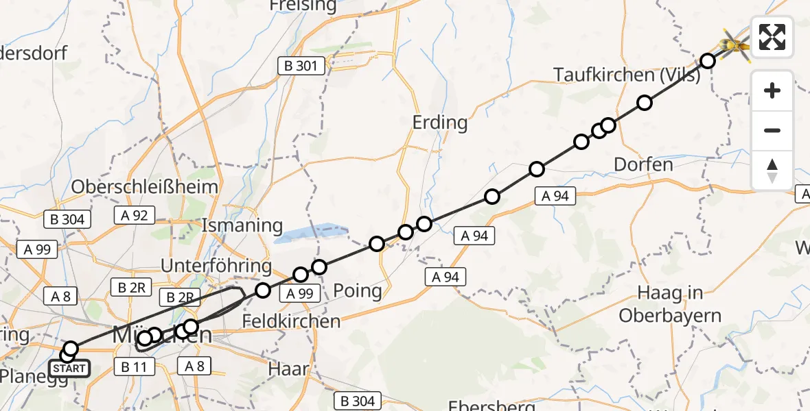 Flugroute Rettungshubschrauber DRF Air Rescue München Hubschrauberlandeplatz - Velden, 04 August 2026, 18:53