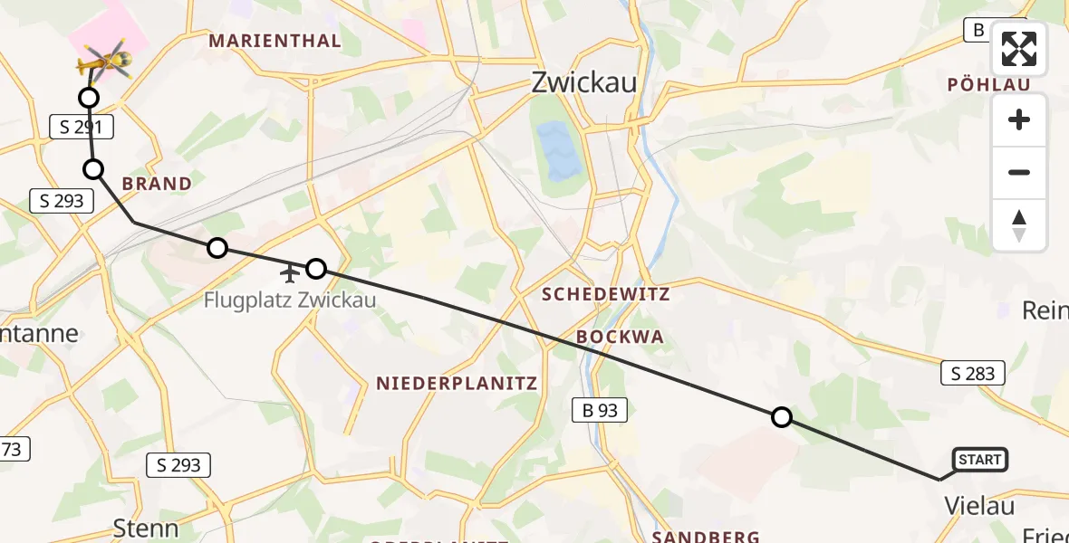 Flugroute Rettungshubschrauber Reinsdorf - ADAC Air Rescue Station Zwickau Hubschrauberlandeplatz, 04 August 2026, 18:56