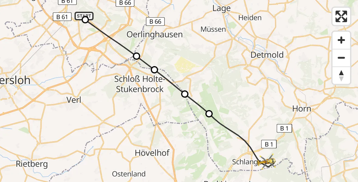 Flugroute Rettungshubschrauber Luftrettungszentrum Bielefeld - Schlangen, 04 August 2026, 19:01