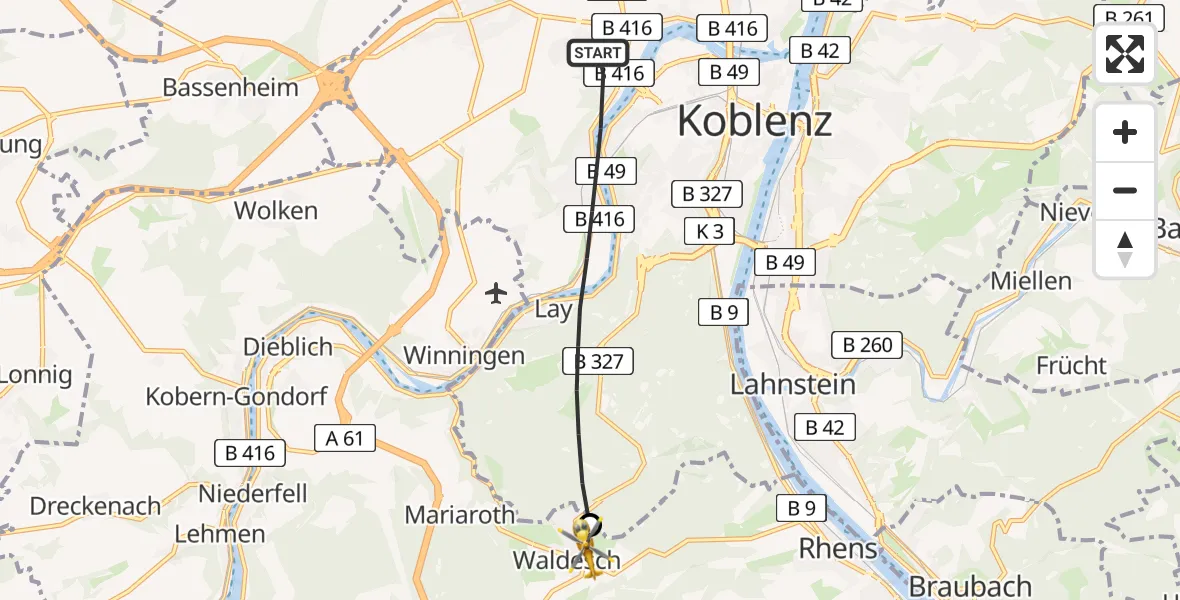 Flugroute Rettungshubschrauber Koblenz - Waldesch, 04 August 2026, 19:13