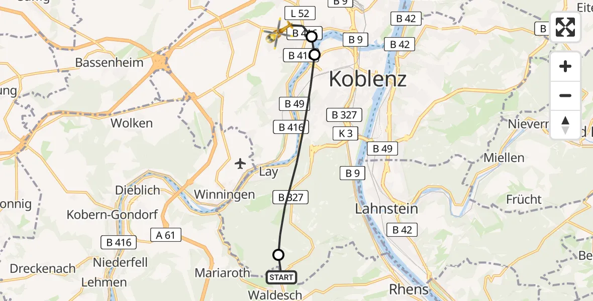 Flugroute Rettungshubschrauber Waldesch - Koblenz, 04 August 2026, 19:39