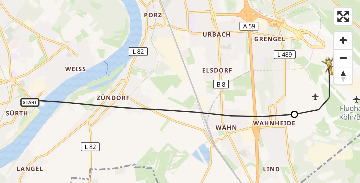 Flugroute Ambulanzhubschrauber Köln - Köln Bonn Flughafen, 04 August 2026, 19:51