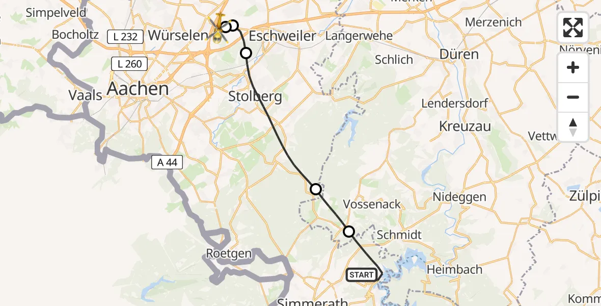 Flugroute Rettungshubschrauber Simmerath - Aachen-Merzbrück Flughafen, 04 August 2026, 19:51