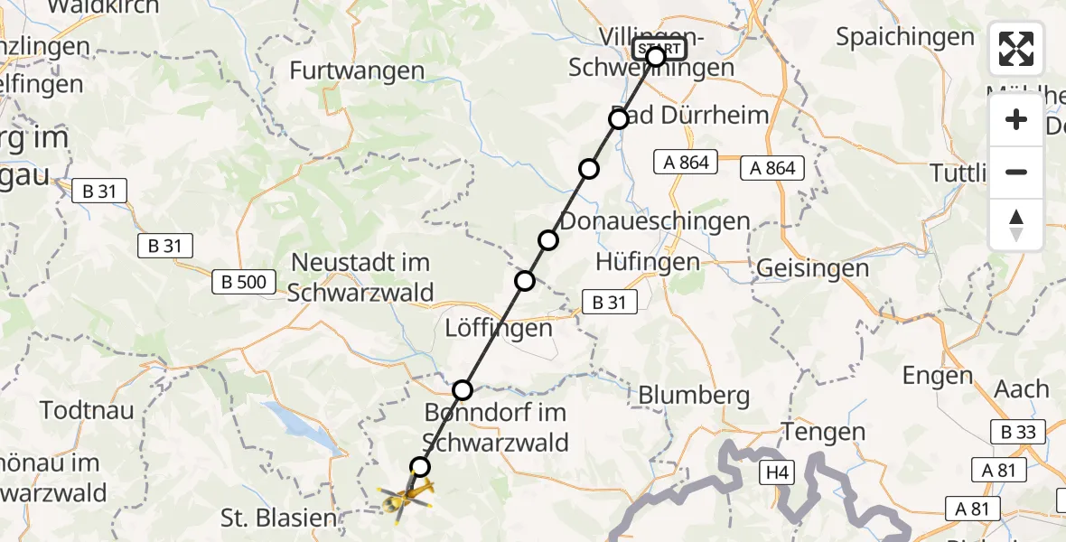 Flugroute Ambulanzhubschrauber DRF Air Rescue Station Villingen-Schwenningen Hubschrauberlandeplatz (Christoph 11) - Grafenhausen, 04 August 2026, 20:49