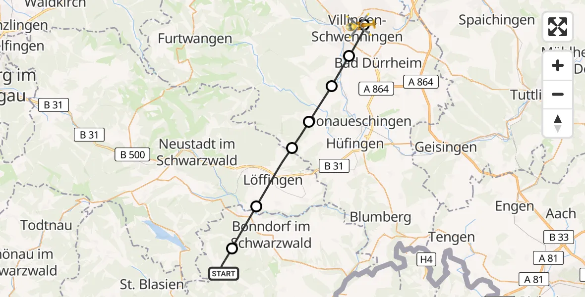 Flugroute Ambulanzhubschrauber Grafenhausen - DRF Air Rescue Station Villingen-Schwenningen Hubschrauberlandeplatz (Christoph 11), 04 August 2026, 21:29