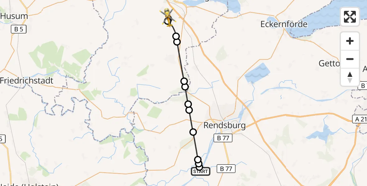 Flugroute Ambulanzhubschrauber Rendsburg-Schachtholm Flugplatz - Dannewerk, 04 August 2026, 21:55