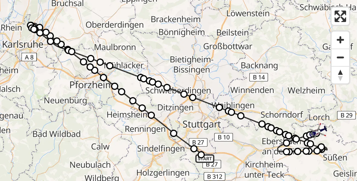 Flugroute Polizeihubschrauber Flughafen Stuttgart - Wäschenbeuren, 04 August 2026, 23:01