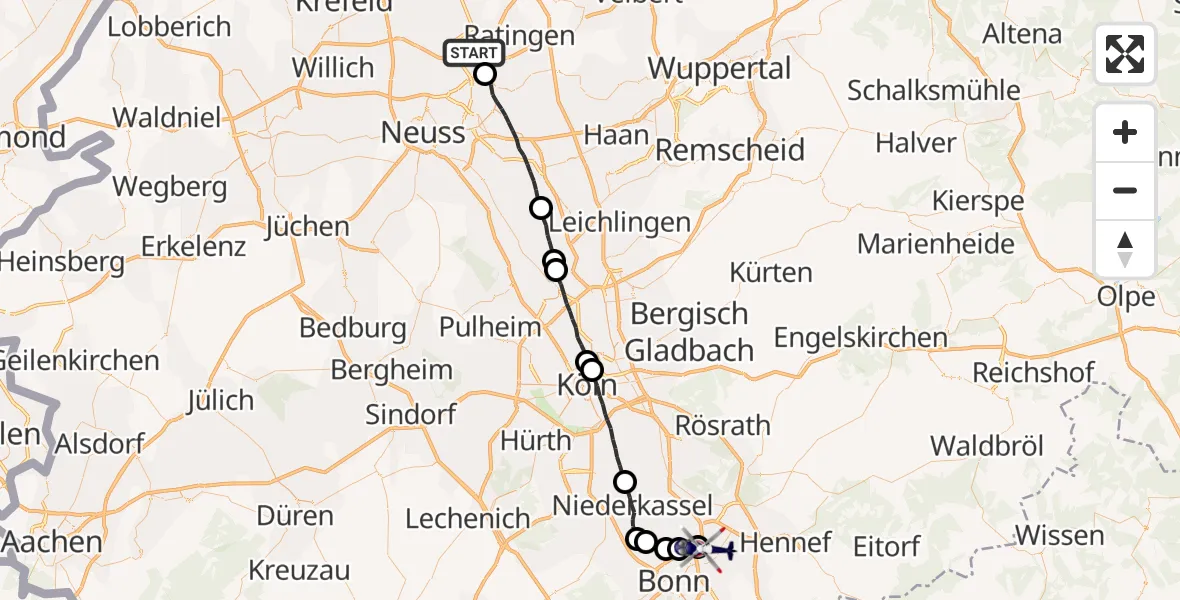 Flugroute Polizeihubschrauber Düsseldorf Flughafen - Sankt Augustin, 04 August 2026, 23:13