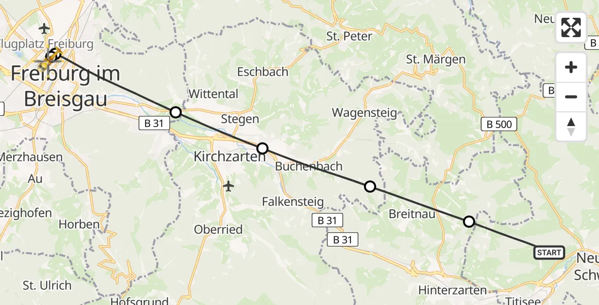 Flugroute Ambulanzhubschrauber Titisee-Neustadt - Freiburg University Hospital Heliport 1, 04 August 2026, 23:37