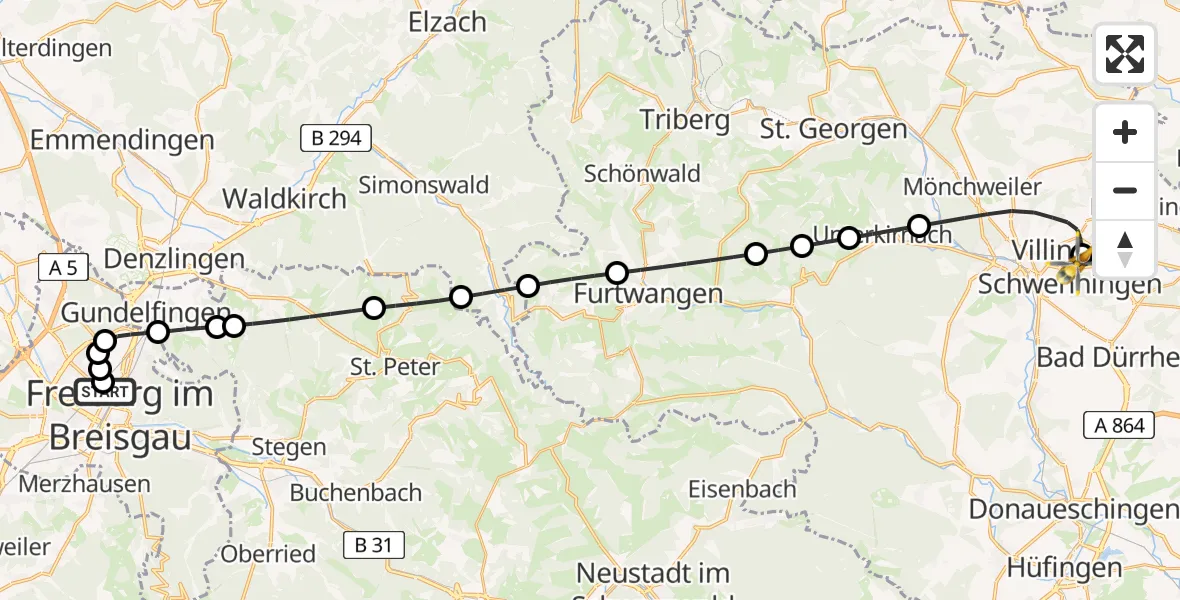 Flugroute Ambulanzhubschrauber Freiburg University Hospital Heliport 1 - DRF Air Rescue Station Villingen-Schwenningen Hubschrauberlandeplatz (Christoph 11), 05 August 2026, 00:12