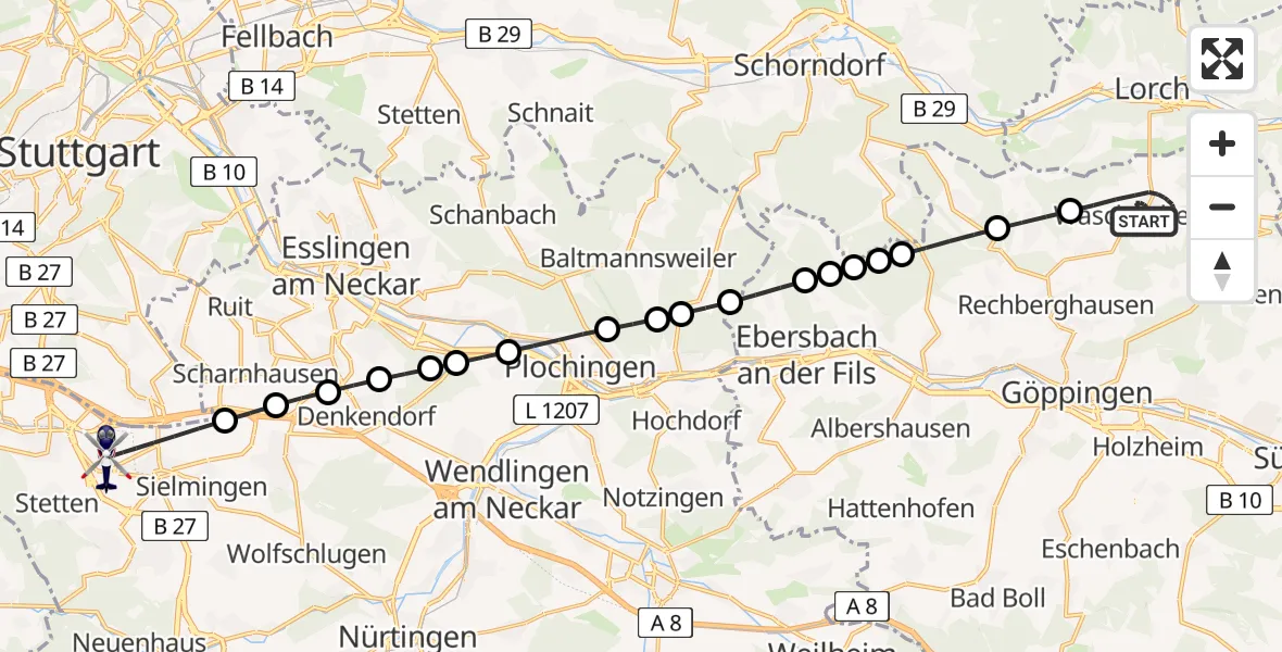 Flugroute Polizeihubschrauber Wäschenbeuren - Flughafen Stuttgart, 05 August 2026, 00:56