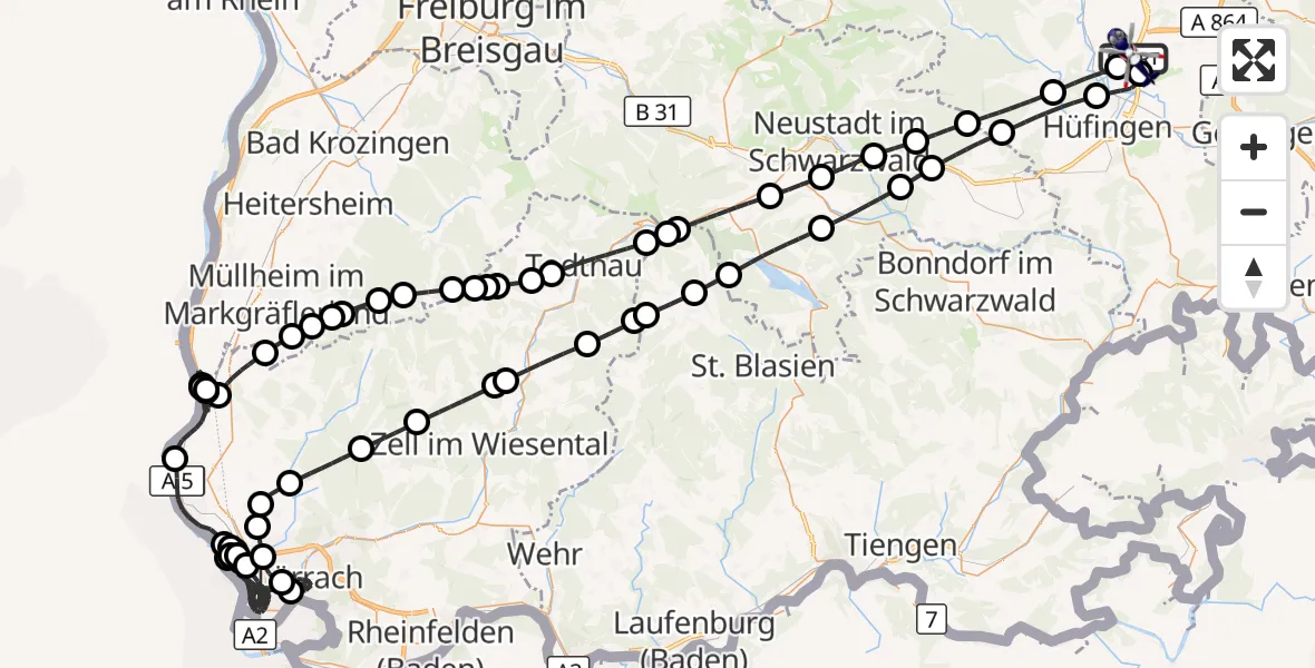 Flugroute Polizeihubschrauber Donaueschingen-Villingen Flugplatz - Donaueschingen-Villingen Flugplatz, 05 August 2026, 03:46