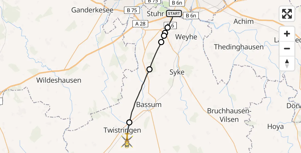Flugroute Rettungshubschrauber Stuhr - Twistringen, 05 August 2026, 05:02