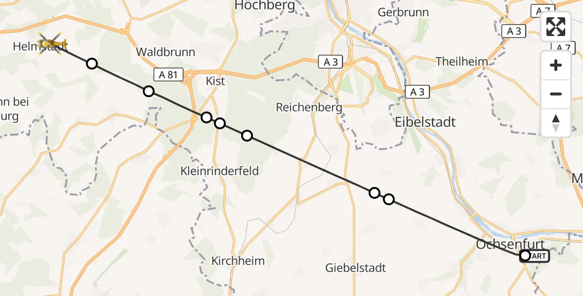 Flugroute Rettungshubschrauber Ochsenfurt Hospital - Helmstadt, 05 August 2026, 05:03