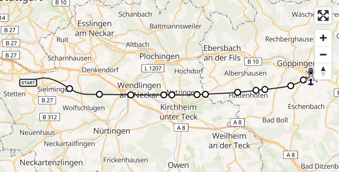 Flugroute Polizeihubschrauber Flughafen Stuttgart - Göppingen, 05 August 2026, 05:03