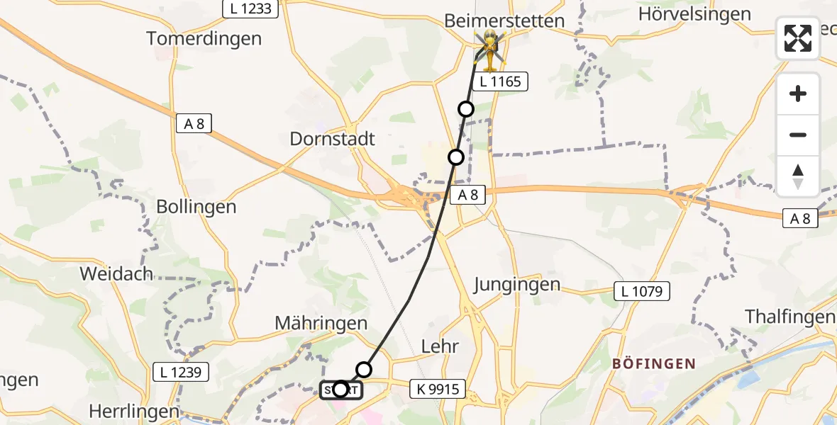 Flugroute Rettungshubschrauber Ulm Military Hospital Emergency - Beimerstetten, 05 August 2026, 05:04
