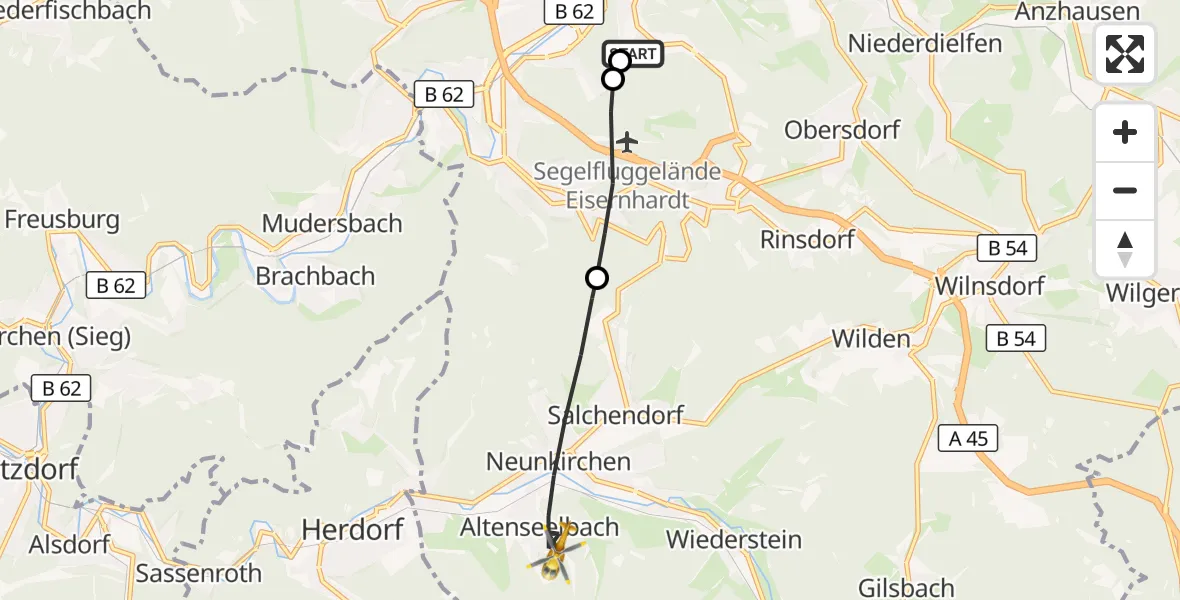 Flugroute Rettungshubschrauber Evangelisches Jung-Stilling Hospital - Neunkirchen, 05 August 2026, 05:05
