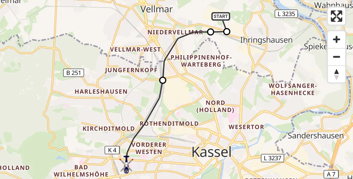 Flugroute Polizeihubschrauber Fuldatal Bundespolizei Hubschrauberlandeplatz - Kassel, 05 August 2026, 05:18