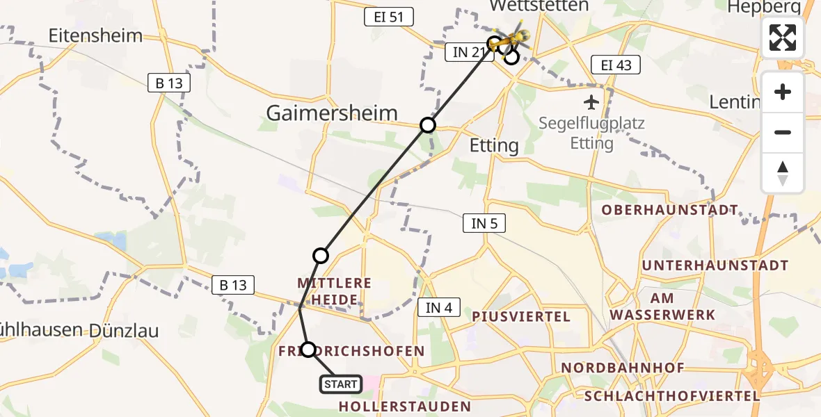 Flugroute Rettungshubschrauber Ingolstadt Hospital - Wettstetten, 05 August 2026, 05:23