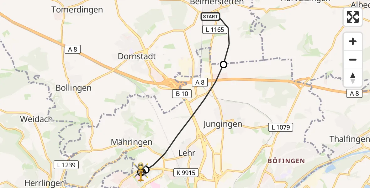 Flugroute Rettungshubschrauber Beimerstetten - ADAC Air Rescue Station Ulm (Christoph 22), 05 August 2026, 05:42