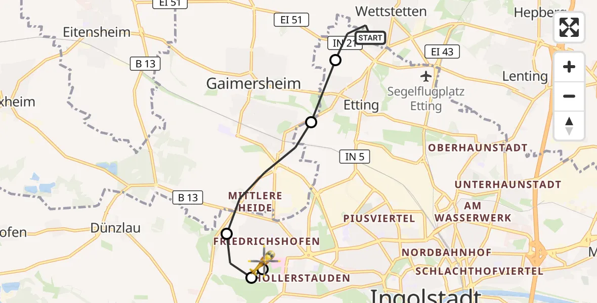 Flugroute Rettungshubschrauber Wettstetten - Ingolstadt Hospital, 05 August 2026, 05:42