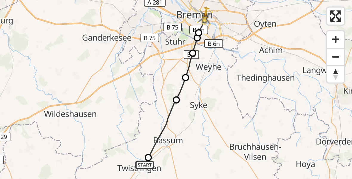Flugroute Rettungshubschrauber Twistringen - Bremen, 05 August 2026, 05:51