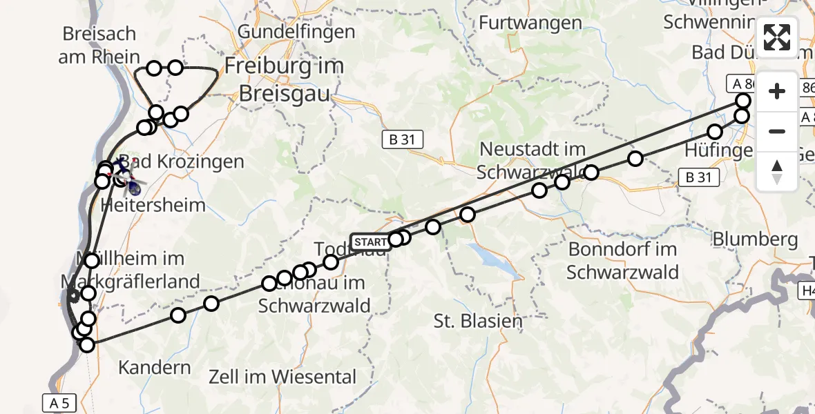 Flugroute Polizeihubschrauber Todtnau - Bremgarten Flugplatz, 05 August 2026, 06:05