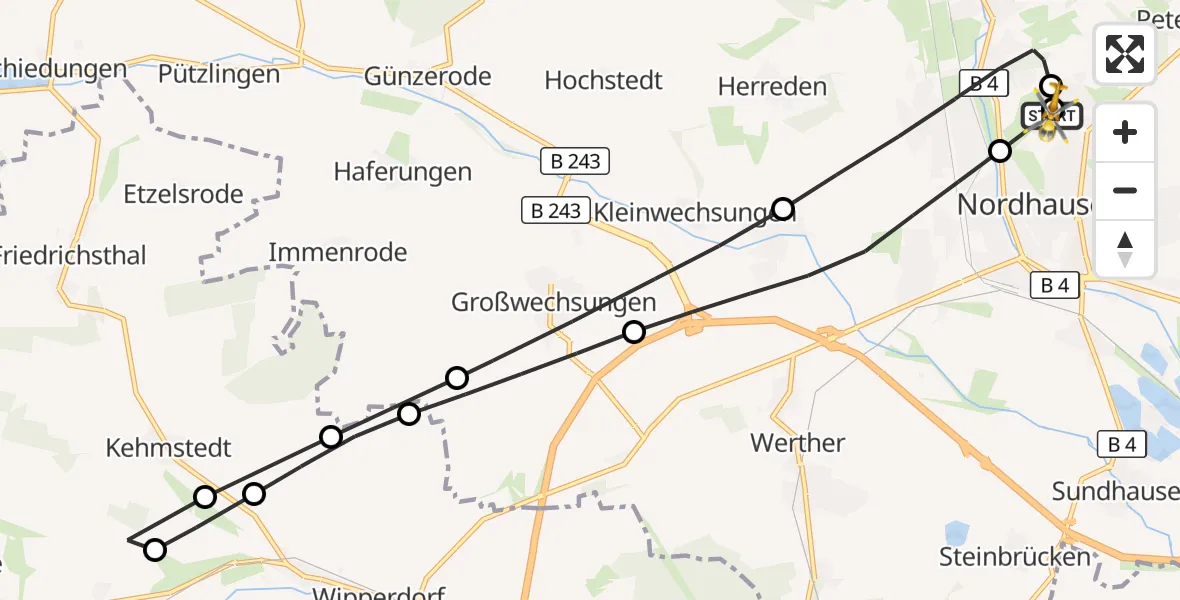 Flugroute Rettungshubschrauber Südharz Hospital Nordhausen - Südharz Hospital Nordhausen, 05 August 2026, 06:05