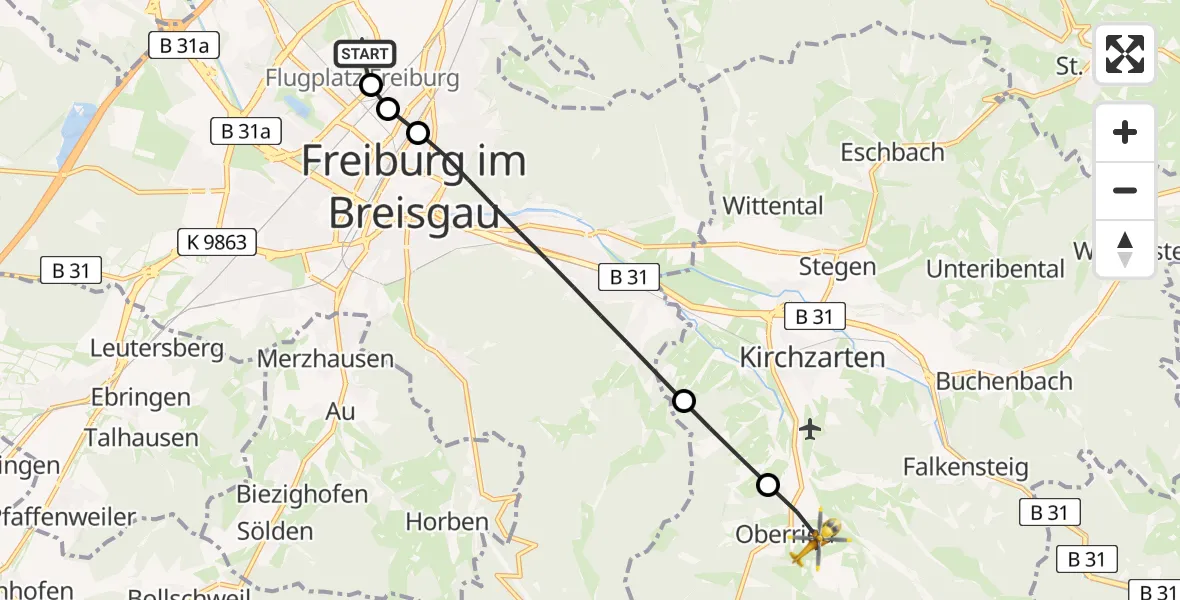 Flugroute Ambulanzhubschrauber Freiburg im Breisgau Flugplatz - Oberried, 05 August 2026, 06:12