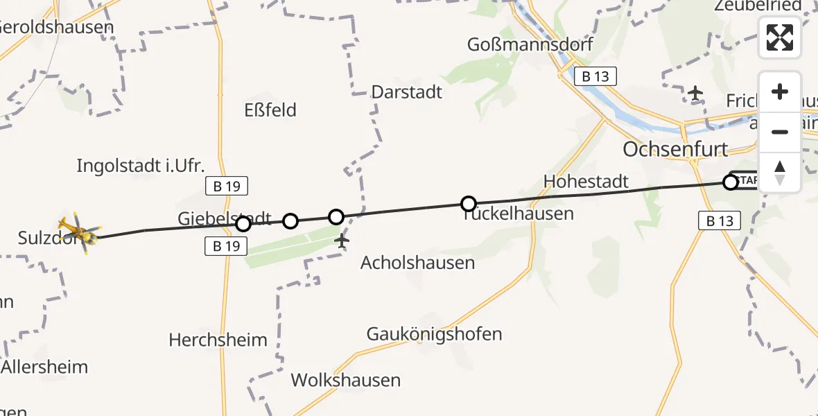 Flugroute Rettungshubschrauber Ochsenfurt Hospital - Giebelstadt, 05 August 2026, 06:14