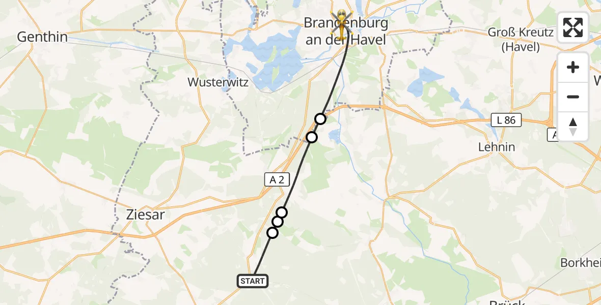 Flugroute Rettungshubschrauber Gräben - Brandenburg an der Havel, 05 August 2026, 06:16