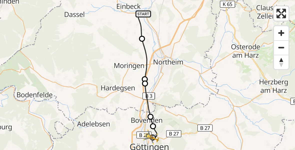 Flugroute Rettungshubschrauber Einbeck - Göttingen University Clinic Hubschrauberlandeplatz, 05 August 2026, 06:37