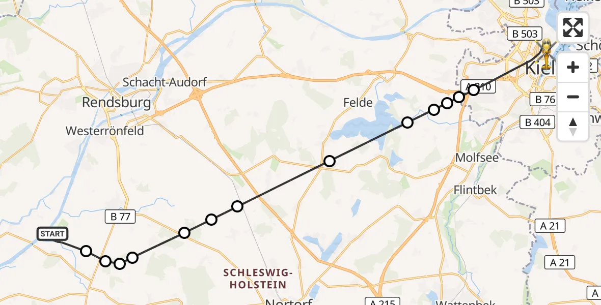 Flugroute Ambulanzhubschrauber Hörsten - Kiel, 05 August 2026, 06:38