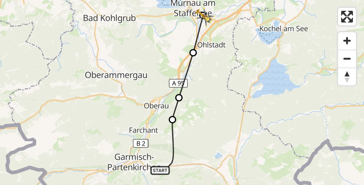 Flugroute Rettungshubschrauber Garmisch-Partenkirchen - Murnau a.Staffelsee, 05 August 2026, 06:38