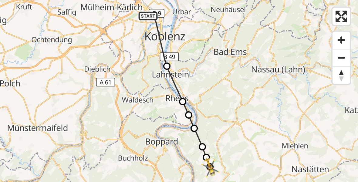 Flugroute Rettungshubschrauber Koblenz - Prath, 05 August 2026, 06:49