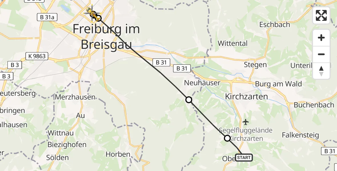 Flugroute Ambulanzhubschrauber Oberried - Freiburg University Hospital Heliport 1, 05 August 2026, 06:56