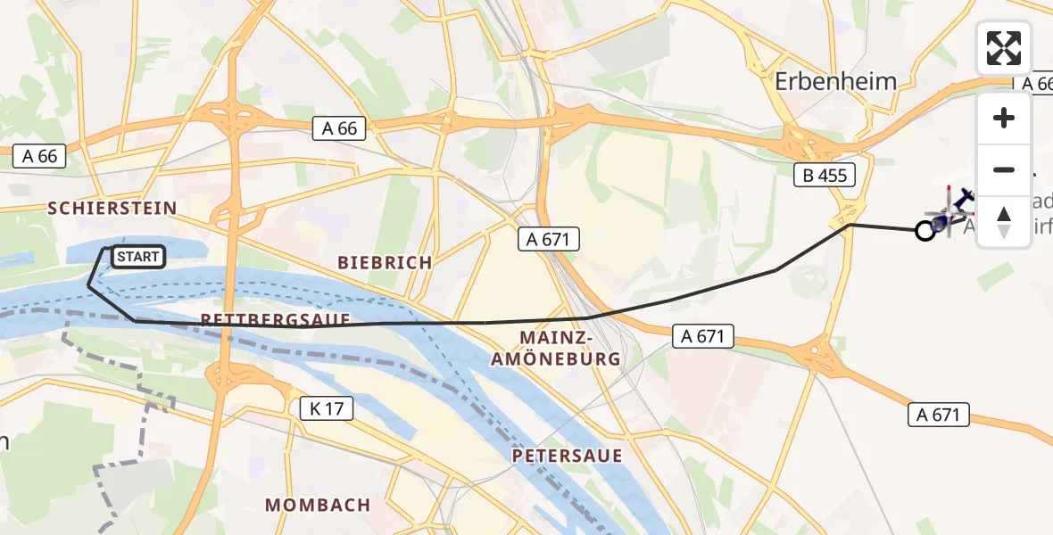 Flugroute Polizeihubschrauber Wiesbaden - Wiesbaden Militärflugplatz, 05 August 2026, 07:00