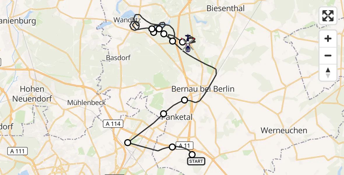 Flugroute Polizeihubschrauber Ahrensfelde Hubschrauberlandeplatz - Bernau bei Berlin, 05 August 2026, 07:06