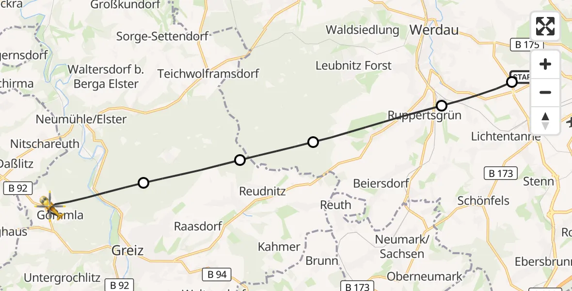 Flugroute Rettungshubschrauber ADAC Air Rescue Station Zwickau Hubschrauberlandeplatz - Greiz, 05 August 2026, 07:06