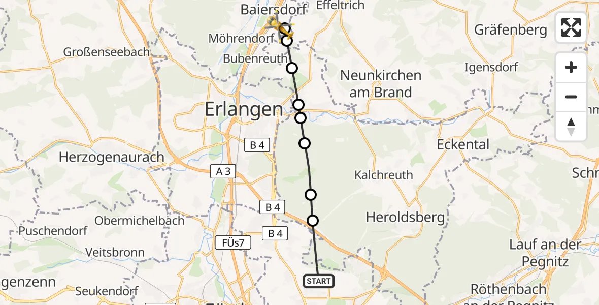Flugroute Ambulanzhubschrauber Flughafen Nuremberg - Baiersdorf, 05 August 2026, 07:09