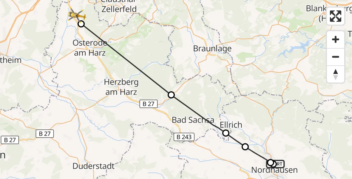 Flugroute Rettungshubschrauber Südharz Hospital Nordhausen - Bad Grund (Harz), 05 August 2026, 07:11