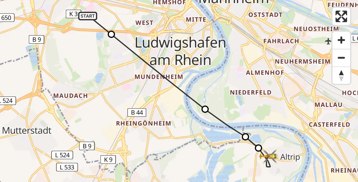 Flugroute Rettungshubschrauber Ludwigshafen Accident Hospital - Altrip, 05 August 2026, 07:12