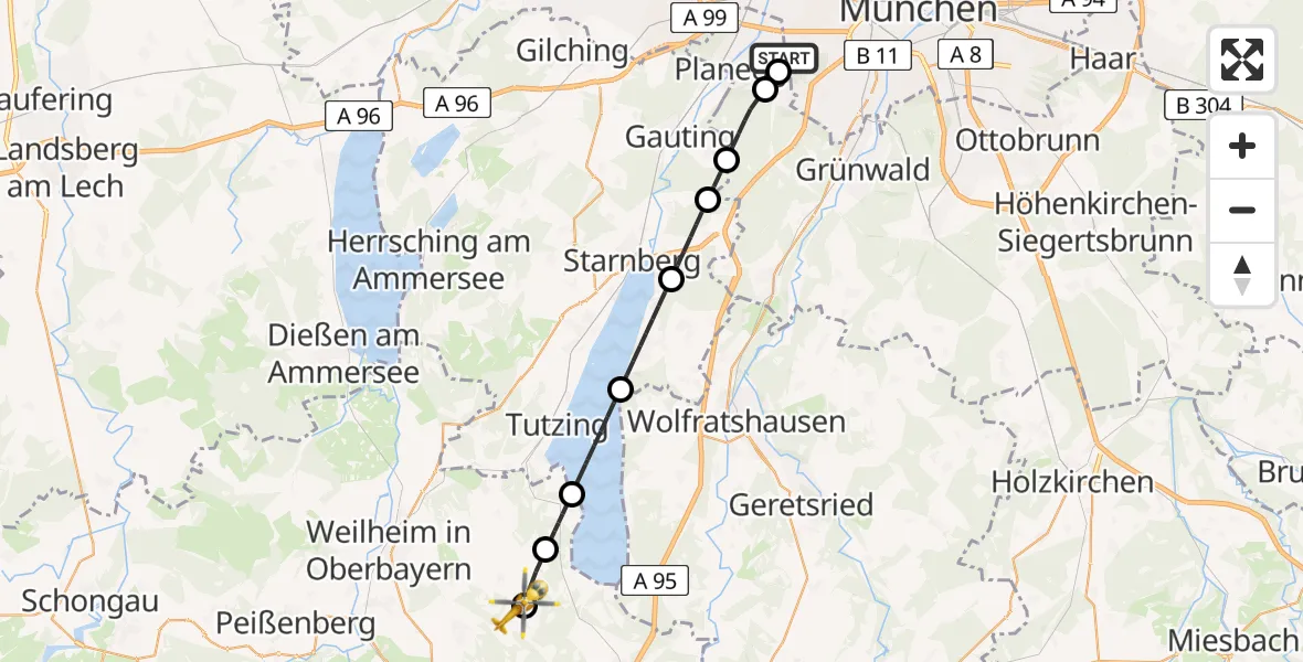 Flugroute Rettungshubschrauber DRF Air Rescue München Hubschrauberlandeplatz - Eberfing, 05 August 2026, 07:30
