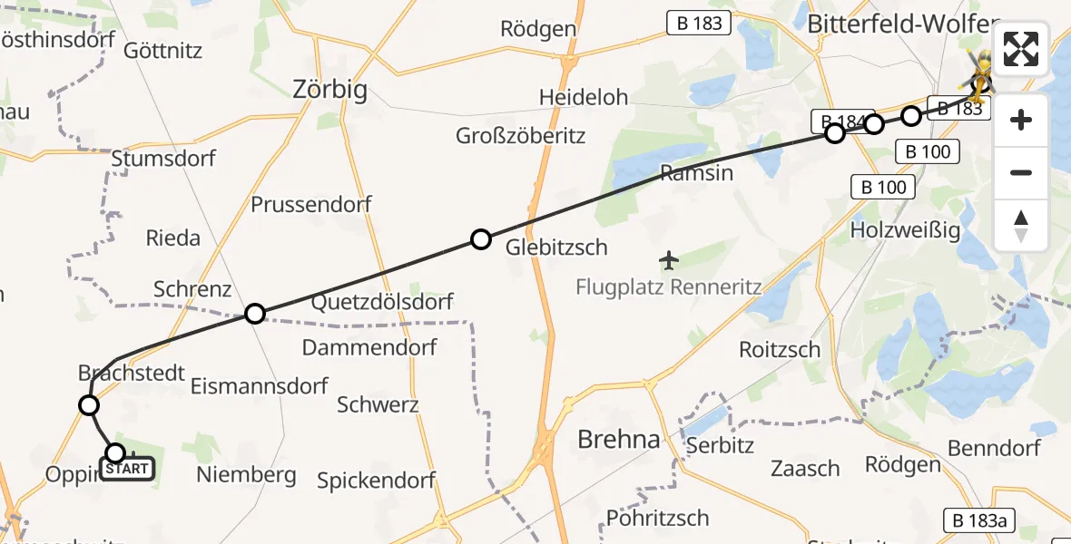 Flugroute Rettungshubschrauber Halle-Oppin Flugplatz - Bitterfield-Wolfen Health Center Hubschrauberlandeplatz, 05 August 2026, 07:34